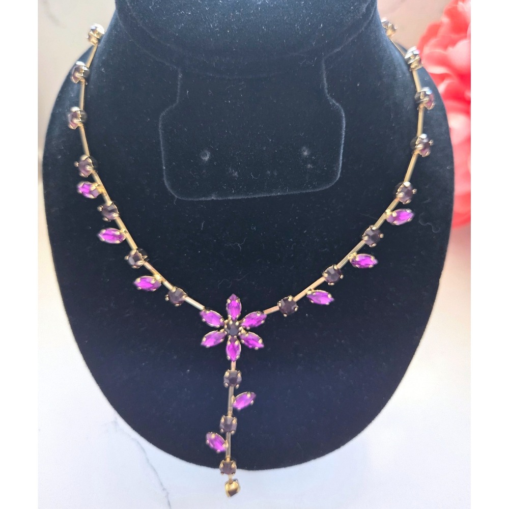 Purple Rhinestone Floral Gold Tone Y-Necklace Drop Statement Jewelry